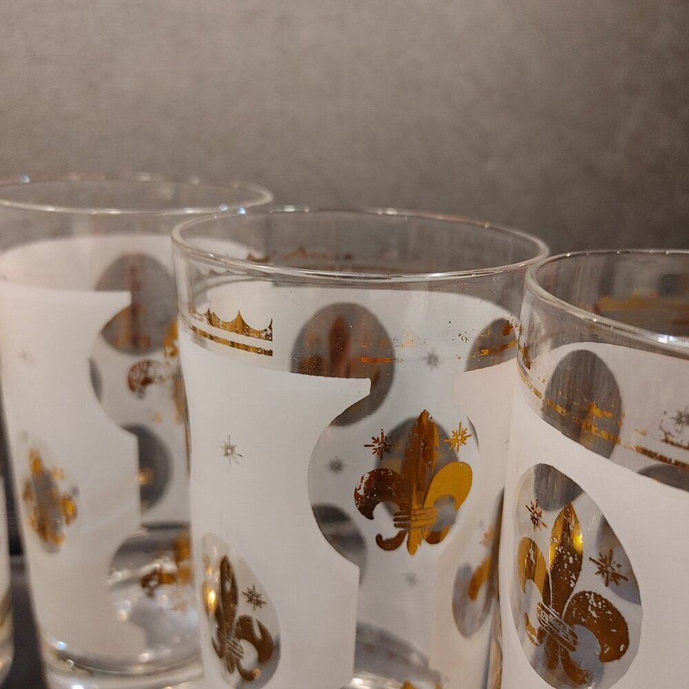 Libbey Highball Glasses Frosted Fleur de Lis Gold Rim 1950s Set of 6 - Picture 7 of 10
